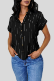 Black Casual Stripe Buckle Turndown Collar Tops