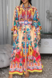 Colour Casual Print With Belt Turndown Collar Long Dresses