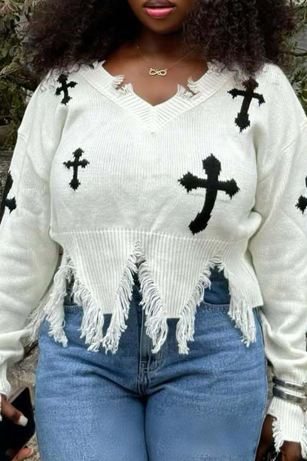 White Casual Fringed Trim V Neck Tops