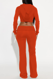 Tangerine Red Casual Solid Color Zipper Hooded Long Sleeve Two Pieces
