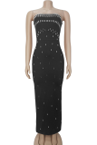 Black Sexy Solid Color Hot Drill Strapless Long Dresses
