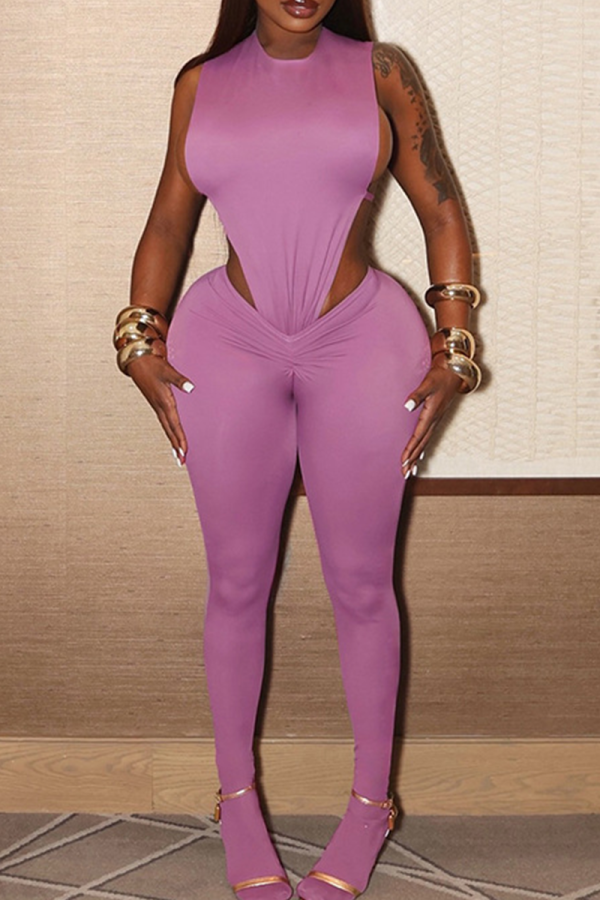 Purple Sexy Solid Color Hollow Out O Neck Sleeveless Two Pieces
