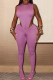 Purple Sexy Solid Color Hollow Out O Neck Sleeveless Two Pieces