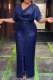 Deep Blue Elegant Solid Color Slit V Neck Long Plus Size Dresses