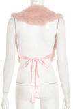Pink Sexy Solid Color Fluffy V Neck Tops