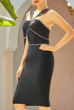 Black Sexy Solid Color Hot Drill V Neck Wrapped Skirt Dresses