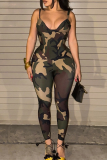 Green Sexy Camouflage Print Cross Straps Spaghetti Strap Sleeveless Two Pieces