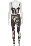 Green Sexy Camouflage Print Cross Straps Spaghetti Strap Sleeveless Two Pieces