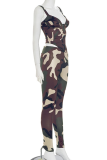 Green Sexy Camouflage Print Cross Straps Spaghetti Strap Sleeveless Two Pieces
