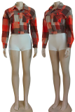 Orange Casual Plaid Buckle Turndown Collar Outerwear