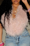 Pink Sexy Solid Color Fluffy V Neck Tops