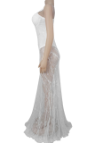 White Sexy Solid Color Lace See-Through Spaghetti Strap Evening Dresses