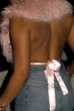 Pink Sexy Solid Color Fluffy V Neck Tops