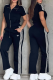 Blue Casual Stripe Zipper Contrast Turndown Collar Long Sleeve Two Pieces