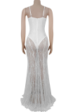 White Sexy Solid Color Lace See-Through Spaghetti Strap Evening Dresses