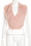Pink Sexy Solid Color Fluffy V Neck Tops