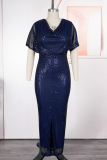 Deep Blue Elegant Solid Color Slit V Neck Long Plus Size Dresses