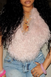 Pink Sexy Solid Color Fluffy V Neck Tops