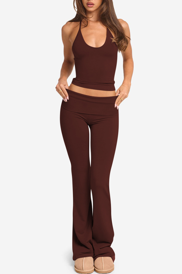 Maroon Sexy Solid Color Patchwork Spaghetti Strap Sleeveless Two Pieces