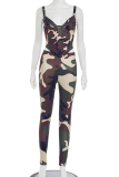 Green Sexy Camouflage Print Cross Straps Spaghetti Strap Sleeveless Two Pieces