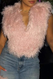 Pink Sexy Solid Color Fluffy V Neck Tops