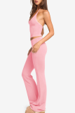 Pink Sexy Solid Color Patchwork Spaghetti Strap Sleeveless Two Pieces