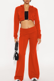 Tangerine Red Casual Solid Color Zipper Hooded Long Sleeve Two Pieces