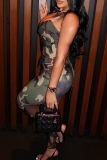 Green Sexy Camouflage Print Cross Straps Spaghetti Strap Sleeveless Two Pieces