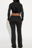 Tangerine Red Casual Solid Color Zipper Hooded Long Sleeve Two Pieces
