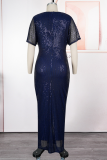 Deep Blue Elegant Solid Color Slit V Neck Long Plus Size Dresses