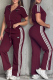 Burgundy Casual Stripe Zipper Contrast Turndown Collar Long Sleeve Two Pieces