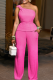 Rose Red Casual Solid Color Strap Design Oblique Collar Sleeveless Two Pieces