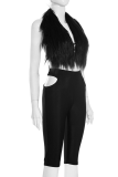 Black Sexy Solid Color Hollow Out Deep V Neck Sleeveless Two Pieces