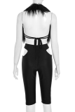 Black Sexy Solid Color Hollow Out Deep V Neck Sleeveless Two Pieces