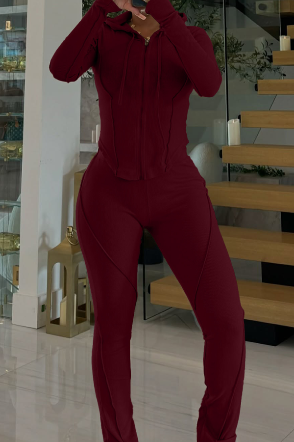 Burgundy Casual Solid Color Zipper Hooded Long Sleeve Two Pieces