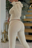 Apricot Casual Solid Color Zipper Hooded Long Sleeve Two Pieces