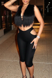 Black Sexy Solid Color Hollow Out Deep V Neck Sleeveless Two Pieces