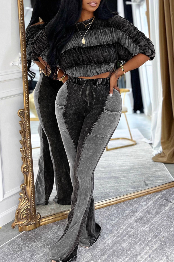 Black Casual Solid Color Ruched O Neck Half Sleeve Two Pieces