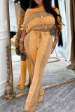 Yellow Casual Solid Color Ruched O Neck Half Sleeve Two Pieces