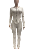 Apricot Casual Solid Color Zipper Hooded Long Sleeve Two Pieces