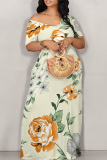 Yellow Casual Print Off Shoulder Long Dresses