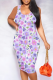 Purple Sexy Print Patchwork U Neck Wrapped Skirt Dresses
