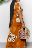 Orange Casual Print Patchwork Off Shoulder Long Dresses