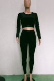 Black Casual Solid Color O Neck Long Sleeve Two Pieces