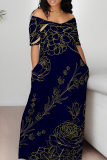 Black Casual Print Patchwork Off Shoulder Long Dresses