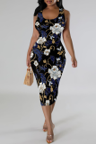 Black Casual Print Patchwork U Neck Wrapped Skirt Dresses