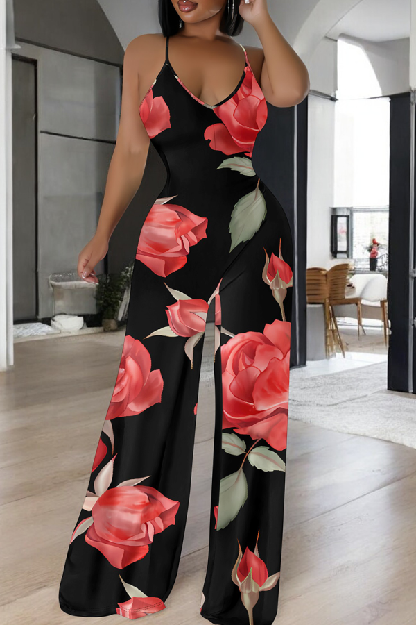 Black Sexy Print Backless Spaghetti Strap Bodycon Jumpsuits