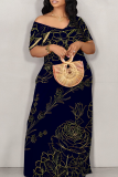 Black Casual Print Patchwork Off Shoulder Long Dresses