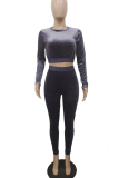 Black Casual Solid Color O Neck Long Sleeve Two Pieces