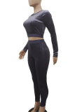 Black Casual Solid Color O Neck Long Sleeve Two Pieces